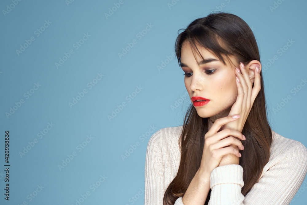 beautiful brunette red lips blue background cropped view beautiful brunette red lips blue background cropped view