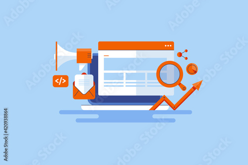 Digital marketing, internet technology, social media networking communication, advertising, seo campaign, website application, business diagram and customer outreach concept. Web banner yellow.