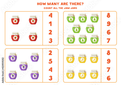 Counting game with jam jars. Math worksheet.