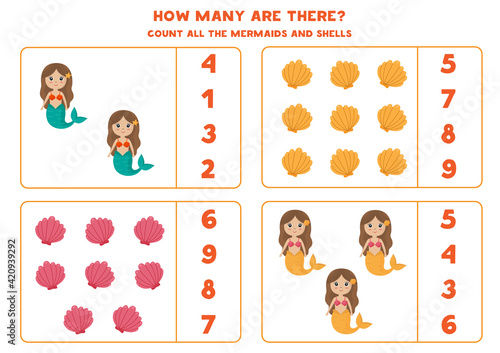 Counting game with mermaids and seashells. Math worksheet.