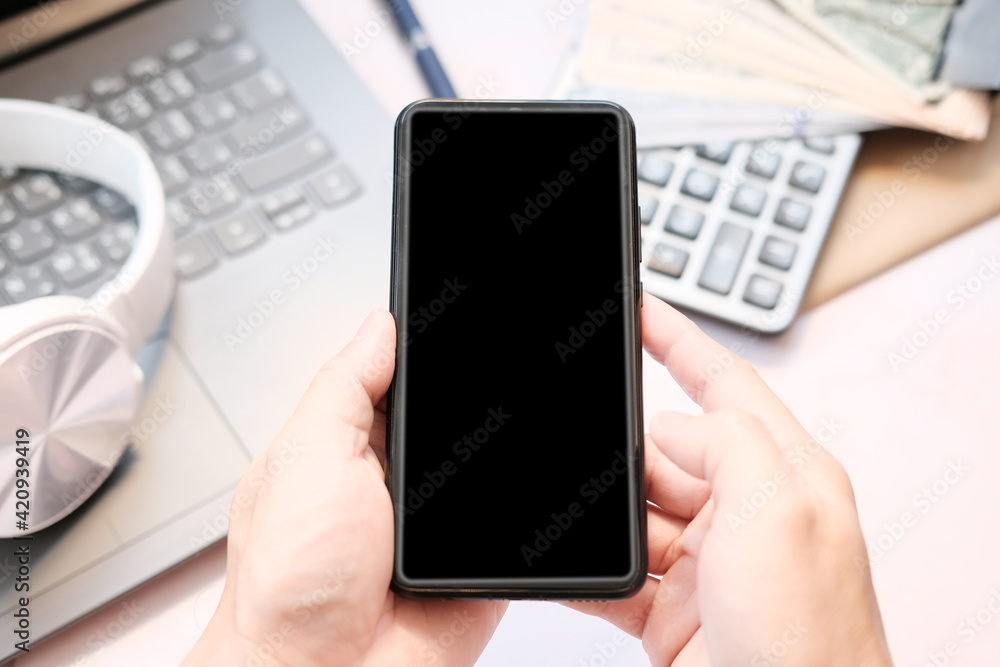 professional business person working on smartphone and white screen background professional business person working on smartphone and white screen background