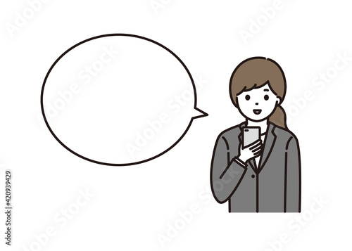 スマートフォンを操作するスーツ姿の若い女性 吹き出し