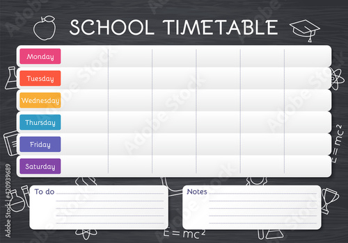 School timetable. Schedule template for kids. Student plan on blackboard with lessons. Weekly time table with outline school icons. Vector illustration. Educational classes diary on English, A4.