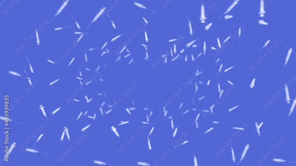 Flying many syringes for injection on blue background. Medical concept. Vaccine against the virus. Healthcare therapy. 3D loop animation.