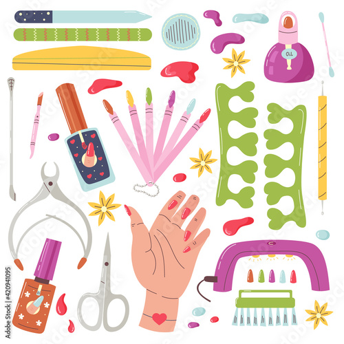Vector set of manicure tools. Home nail care. Items for groomed hand nails. Vector flat cartoon illustration