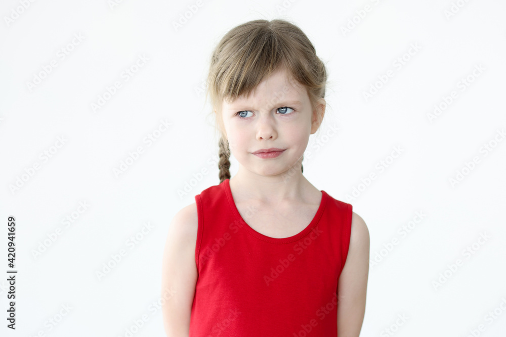 Portrait of sad little girl on white background Portrait of sad little girl on white background