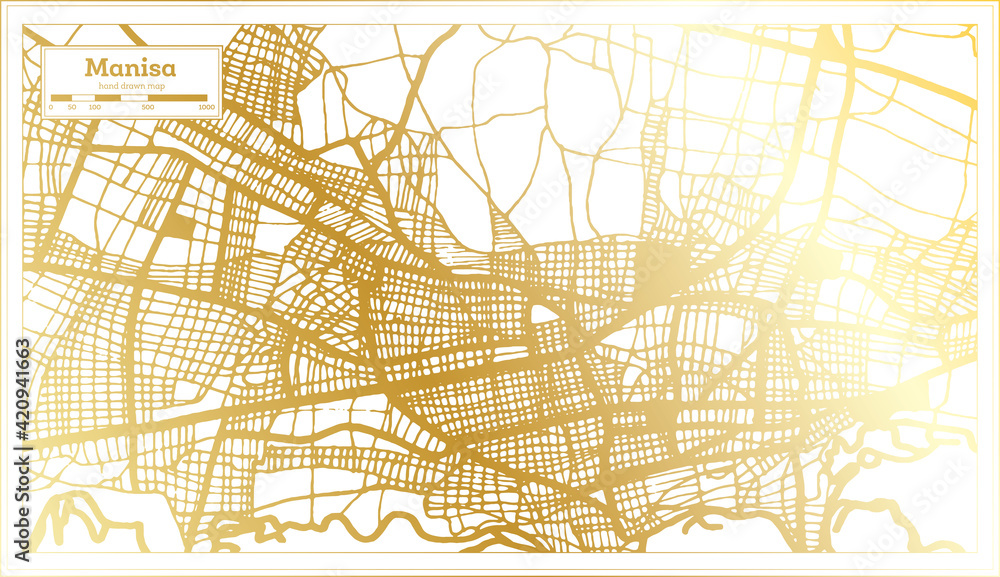 Manisa Turkey City Map in Retro Style in Golden Color. Outline Map.