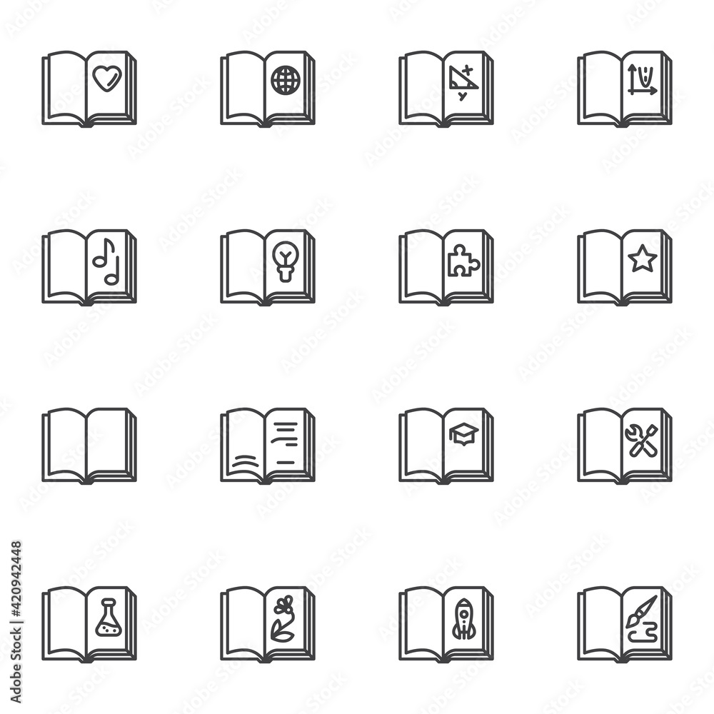 Education book reading line icons set Education book reading line icons set