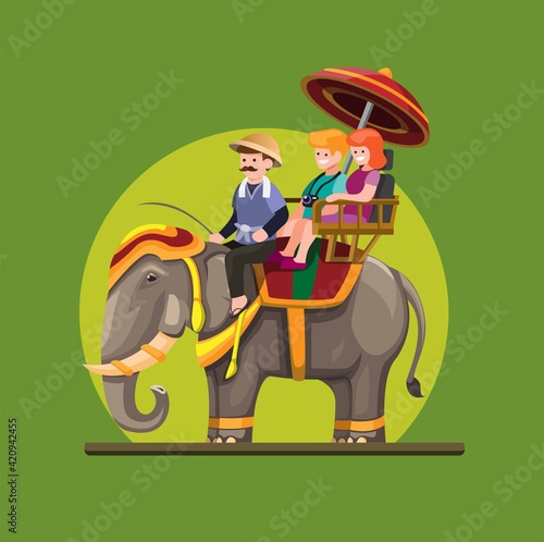 Thailand elepant attraction with passenger tourist concept in cartoon illustration vector