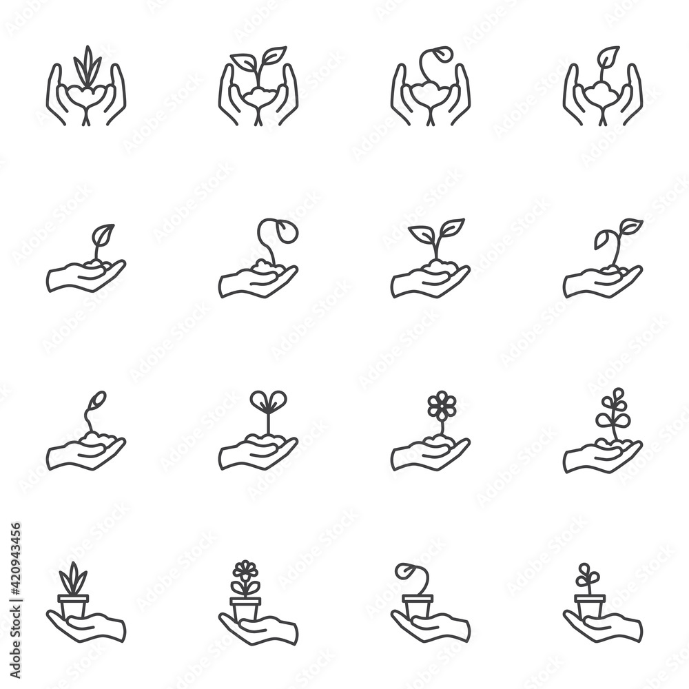 Hands and plant line icons set