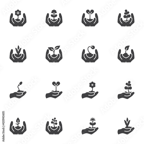 Hands with growing plants vector icons set