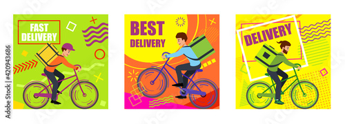 Set Banner delivery with courier on bike. Text Fast delivery and Best delivery.