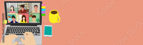 remote work, online meeting, video conference, home, live meeting, web camera, sticky, tag, lesson, vector illustration, graphic, work from home job, telework, green, yellow, landscape, hands,