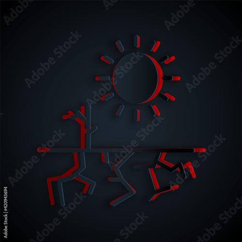 Paper cut Drought icon isolated on black background. Paper art style. Vector Illustration