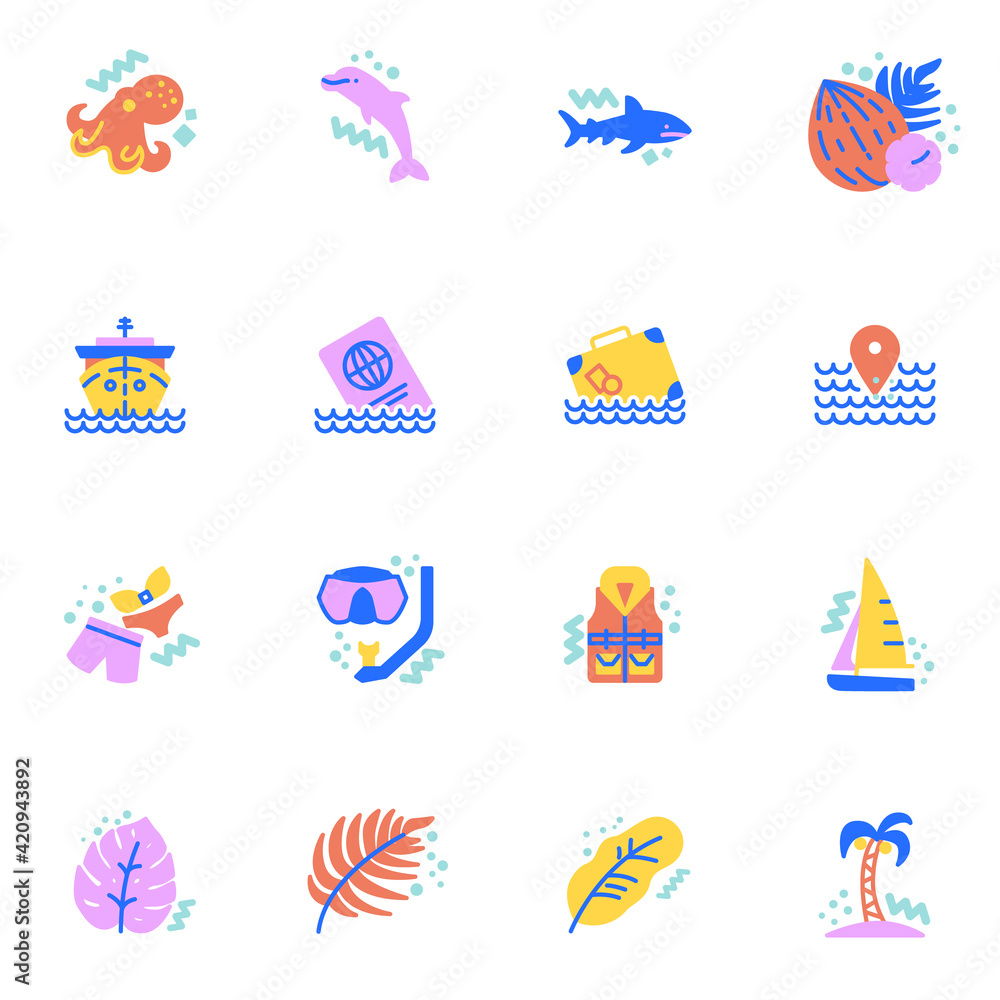 Summer vacation flat icons set