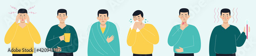 A set of sick men. Virus, headache, fever, cough, runny nose. The concept of viral diseases, coronavirus, epidemics, covid-19, colds. Illustration in flat style