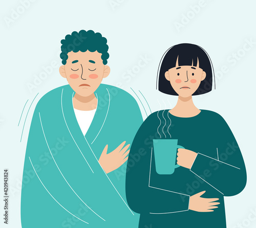 Sick people. Virus, headache, fever, cough, runny nose. The concept of viral diseases, coronavirus, epidemics, covid-19, colds. Illustration in flat style