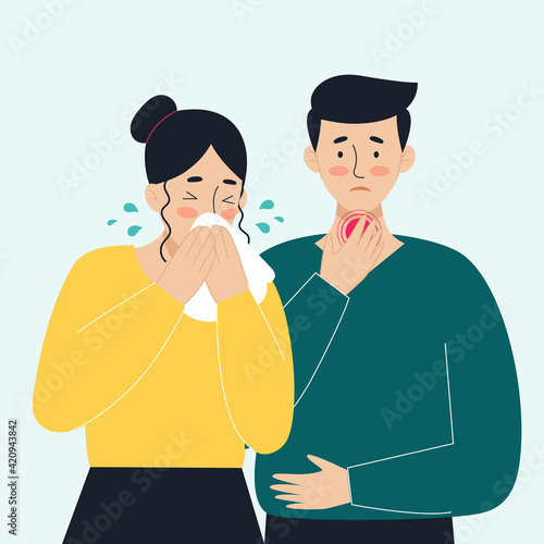 Sick people. Virus, headache, fever, cough, runny nose. The concept of viral diseases, coronavirus, epidemics, covid-19, colds. Illustration in flat style