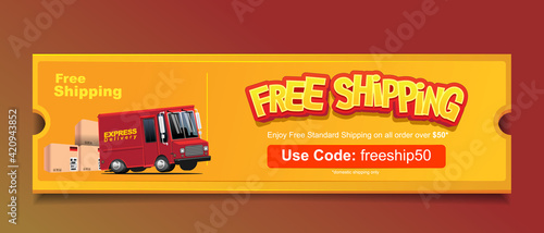 free shipping promotional web banner concept. delivery truck in front of stacks shipping box with big free shipping text and voucher code. vector illustration