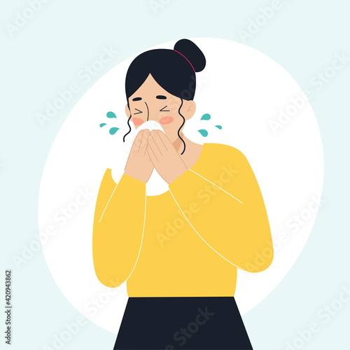 The sick woman has a runny nose, sneezing. The concept of sick people, fever, colds and viral diseases, coronaviras, covid. Illustration in flat style