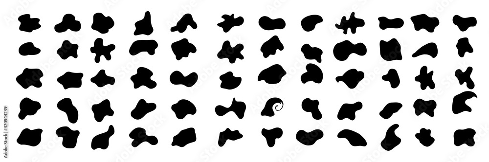 Black random abstract shapes of spots, drops, blots, stone. Dynamic fluid shapes vector elements