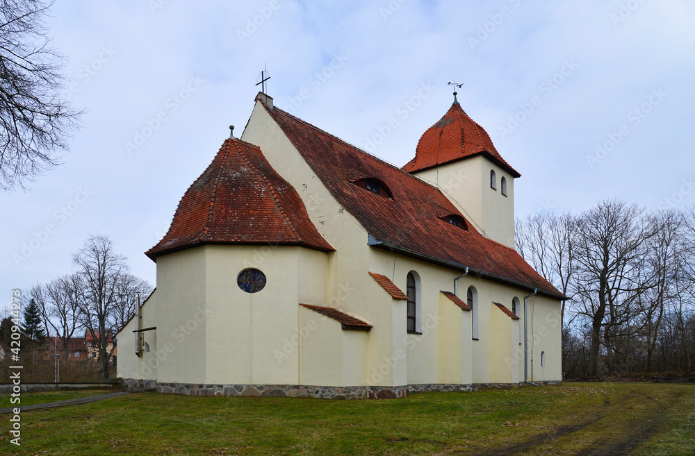 built at the beginning of the 20th century in an eclectic style, a Catholic church dedicated to the Blessed Virgin Mary, the mother of the church in the village of Baranowo in Warmia and Masuria in Po built at the beginning of the 20th century in an eclectic style, a Catholic church dedicated to the Blessed Virgin Mary, the mother of the church in the village of Baranowo in Warmia and Masuria in Po
