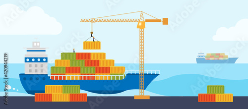 Crane loads cargo on to cargo barge. Concept worldwide cargo delivery by water.