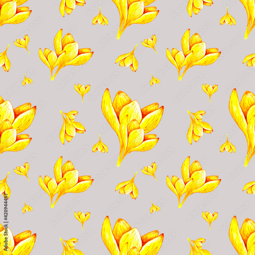 Hand drawn watercolor seamless floral pattern with yellow orange ochre crocus saffron flowers 3015