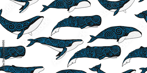 Wild Whales with Ethnic Ornaments. Seamless Pattern for your design