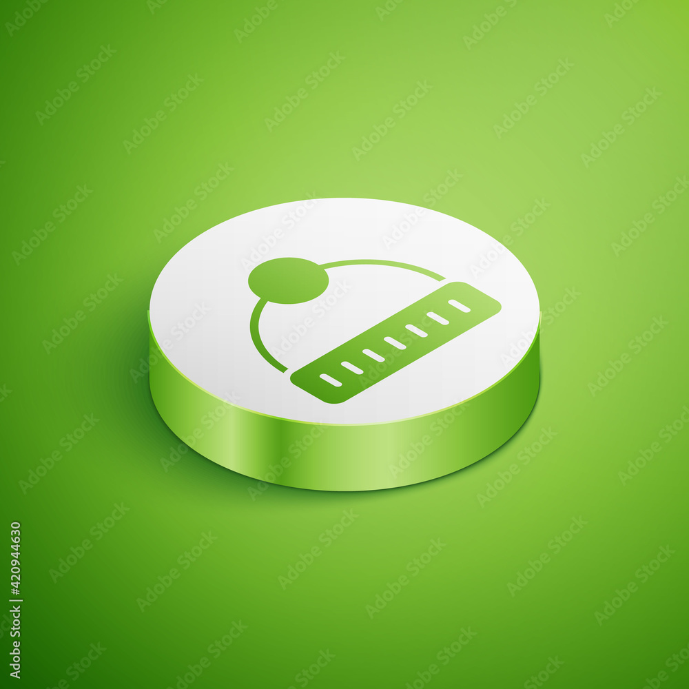 Isometric Winter hat icon isolated on green background. White circle button. Vector Isometric Winter hat icon isolated on green background. White circle button. Vector