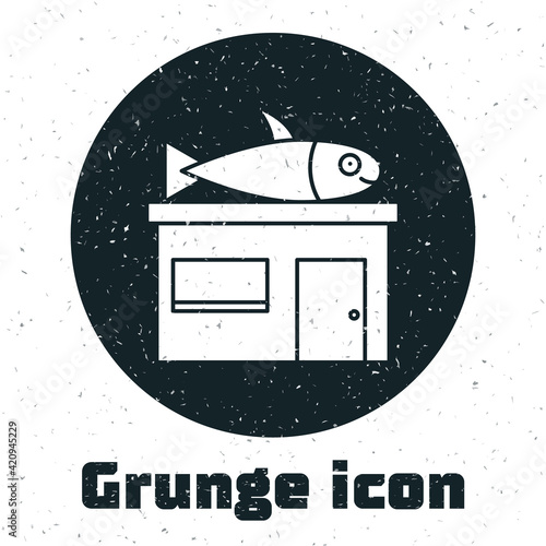Grunge Seafood store icon isolated on white background. Facade of seafood market. Monochrome vintage drawing. Vector.