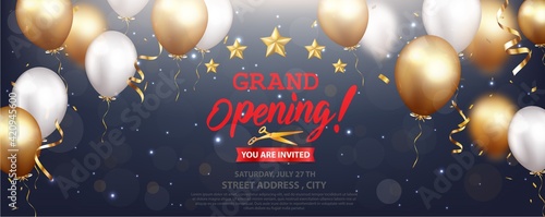 Grand opening card design with gold ribbon and confetti