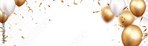 Celebration banner with gold confetti and balloons