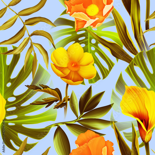 Beautiful colorful tropical leaves background. seamless pattern design floral style and bright colors. Tropical leaves pattern iridescent.