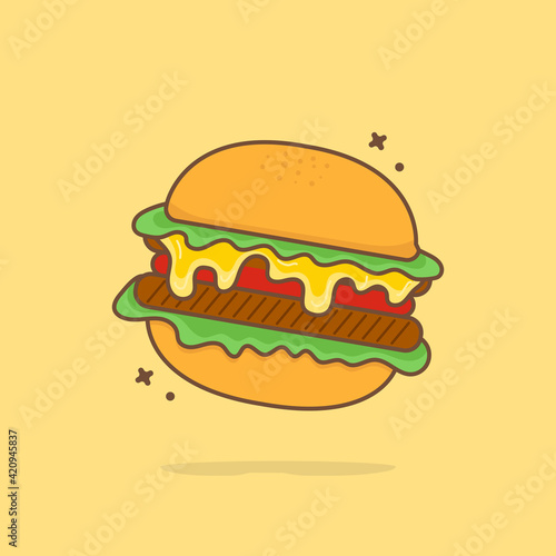 Cute burger cartoon illustration vector icon. Concept Premium Vector Food Icons Isolated. Flat Cartoon Style