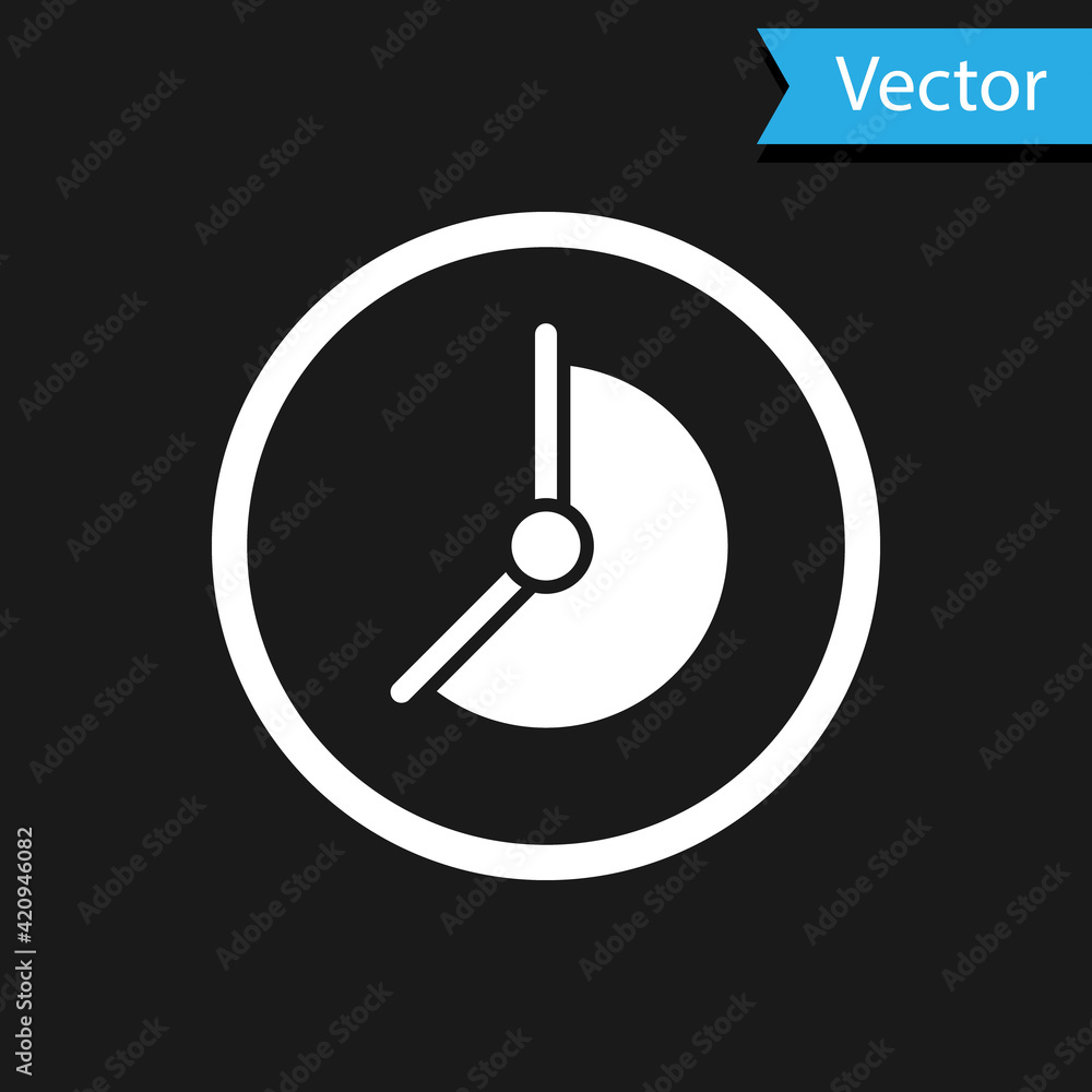 White Clock icon isolated on black background. Time symbol. Vector White Clock icon isolated on black background. Time symbol. Vector