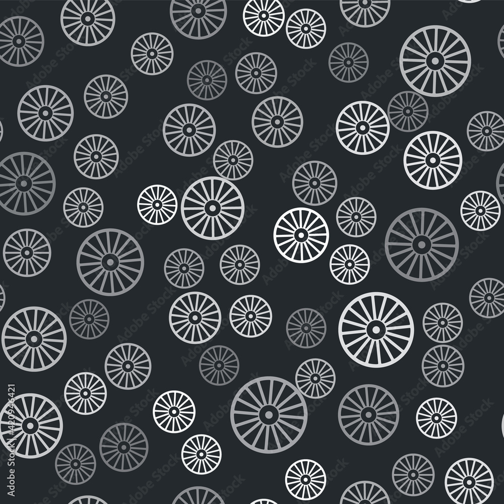 Grey Alloy wheel for a car icon isolated seamless pattern on black background. Vector