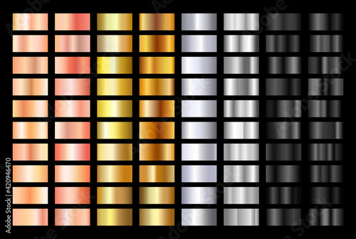 Gold rose, silver, black and gold texture gradation background set. Metallic vector gradients. Elegant, shiny big gradient collection for chrome button, ribbon, metal frame, border, label design.