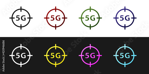 Set 5G new wireless internet wifi connection icon isolated on black and white background. Global network high speed connection data rate technology. Vector