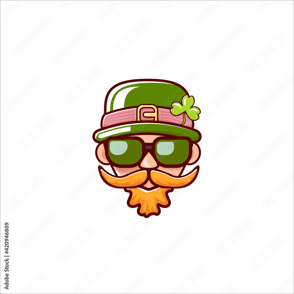 Saint Patricks Day greeting card. Irish Leprechaun with green hat, red mustache, red beard and funky hipster sunglasses isolated on white. Saint Patrick label or line art cartoon style icon. Saint Patricks Day greeting card. Irish Leprechaun with green hat, red mustache, red beard and funky hipster sunglasses isolated on white. Saint Patrick label or line art cartoon style icon.
