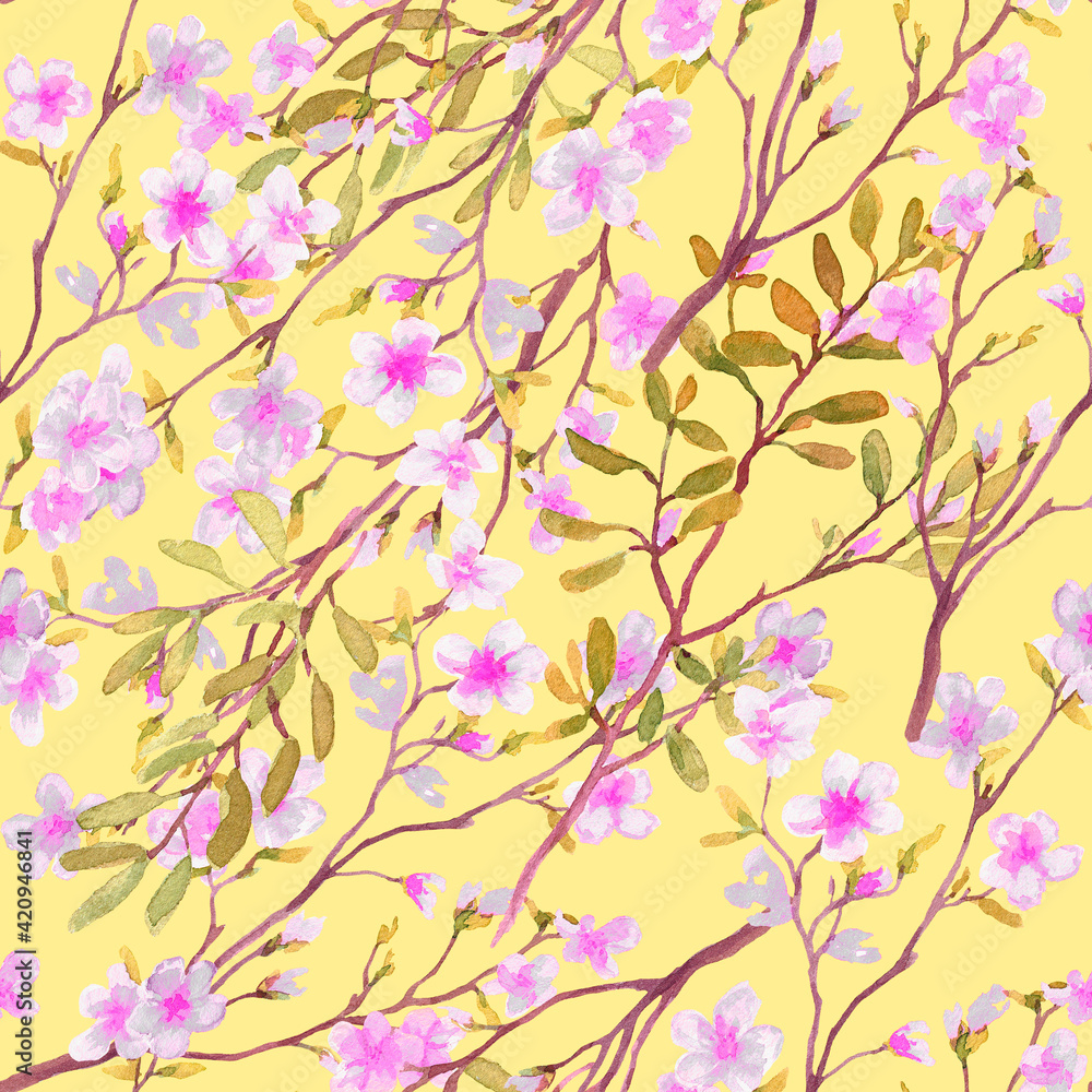 The pattern. Flowers on a yellow background. Watercolour. The images are hand-drawn.