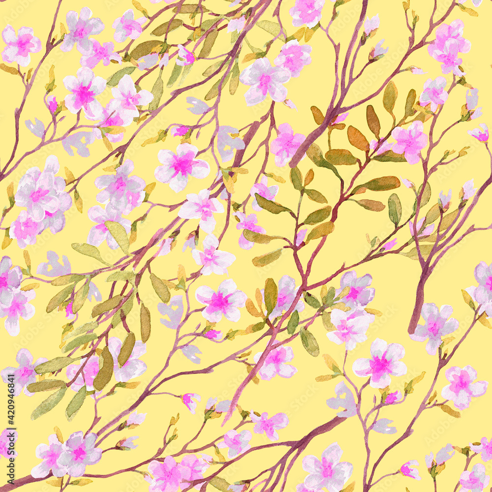 The pattern. Flowers on a yellow background. Watercolour. The images are hand-drawn. The pattern. Flowers on a yellow background. Watercolour. The images are hand-drawn.