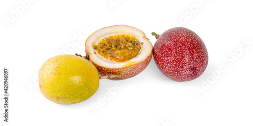 Passion fruit with half isolated on white background.