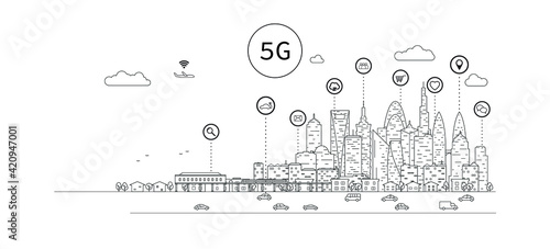 5G wireless network. 5th internet service, urban city with things and services icons connection, internet of things, network with high speed connection and Mobile connectivity.