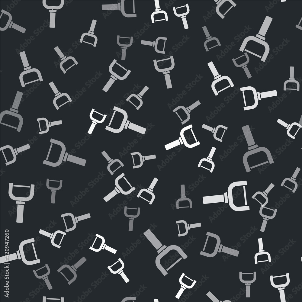 Grey Peeler icon isolated seamless pattern on black background. Knife for cleaning of vegetables. Kitchen item, appliance. Vector Grey Peeler icon isolated seamless pattern on black background. Knife for cleaning of vegetables. Kitchen item, appliance. Vector