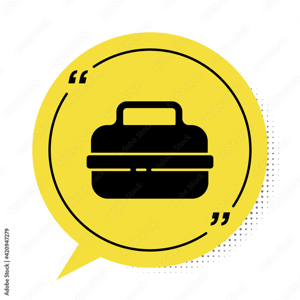 Black Cooking pot icon isolated on white background. Boil or stew food symbol. Yellow speech bubble symbol. Vector Black Cooking pot icon isolated on white background. Boil or stew food symbol. Yellow speech bubble symbol. Vector