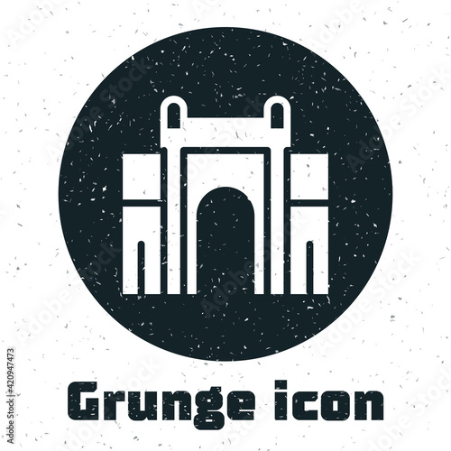 Grunge India Gate in New Delhi, India icon isolated on white background. Gate way of India Mumbai. Monochrome vintage drawing. Vector