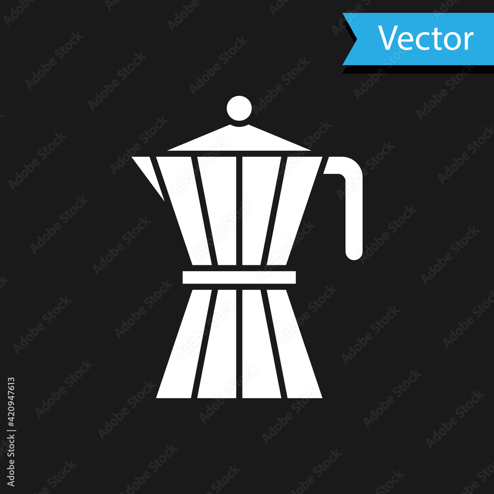 White Coffee maker moca pot icon isolated on black background. Vector White Coffee maker moca pot icon isolated on black background. Vector