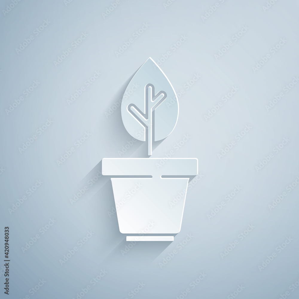 Paper cut Plant in pot icon isolated on grey background. Plant growing in a pot. Potted plant sign. Paper art style. Vector Paper cut Plant in pot icon isolated on grey background. Plant growing in a pot. Potted plant sign. Paper art style. Vector