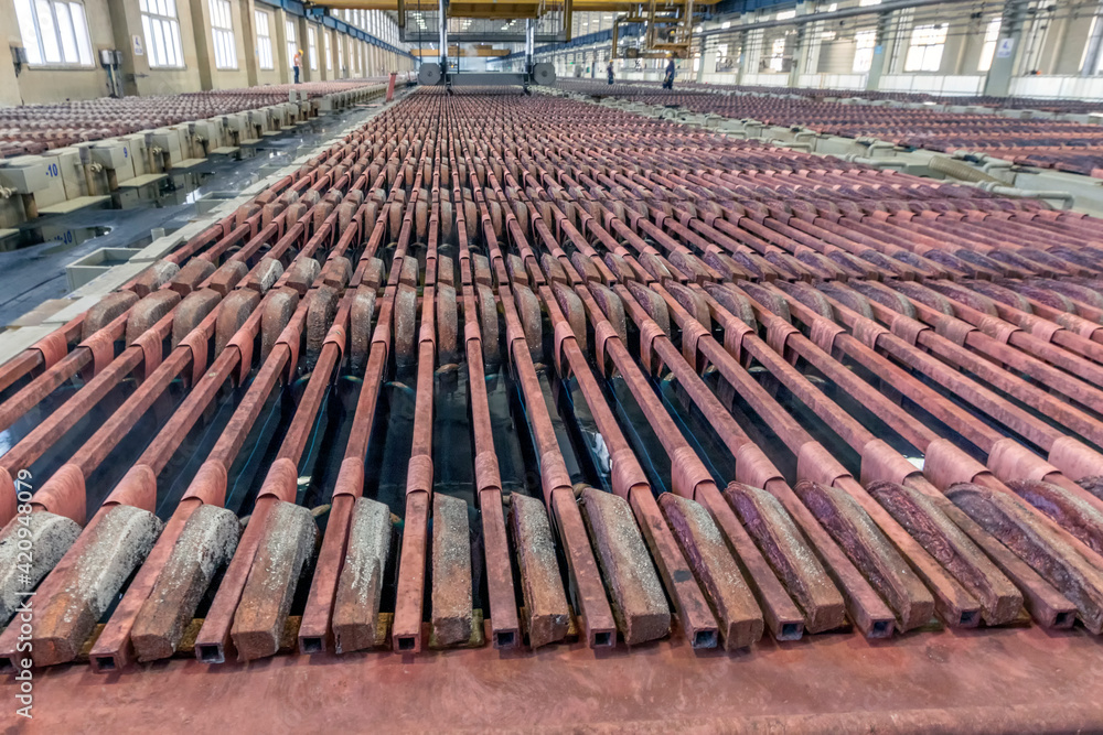 Copper electrolysiscathode plates. The copper is refined by